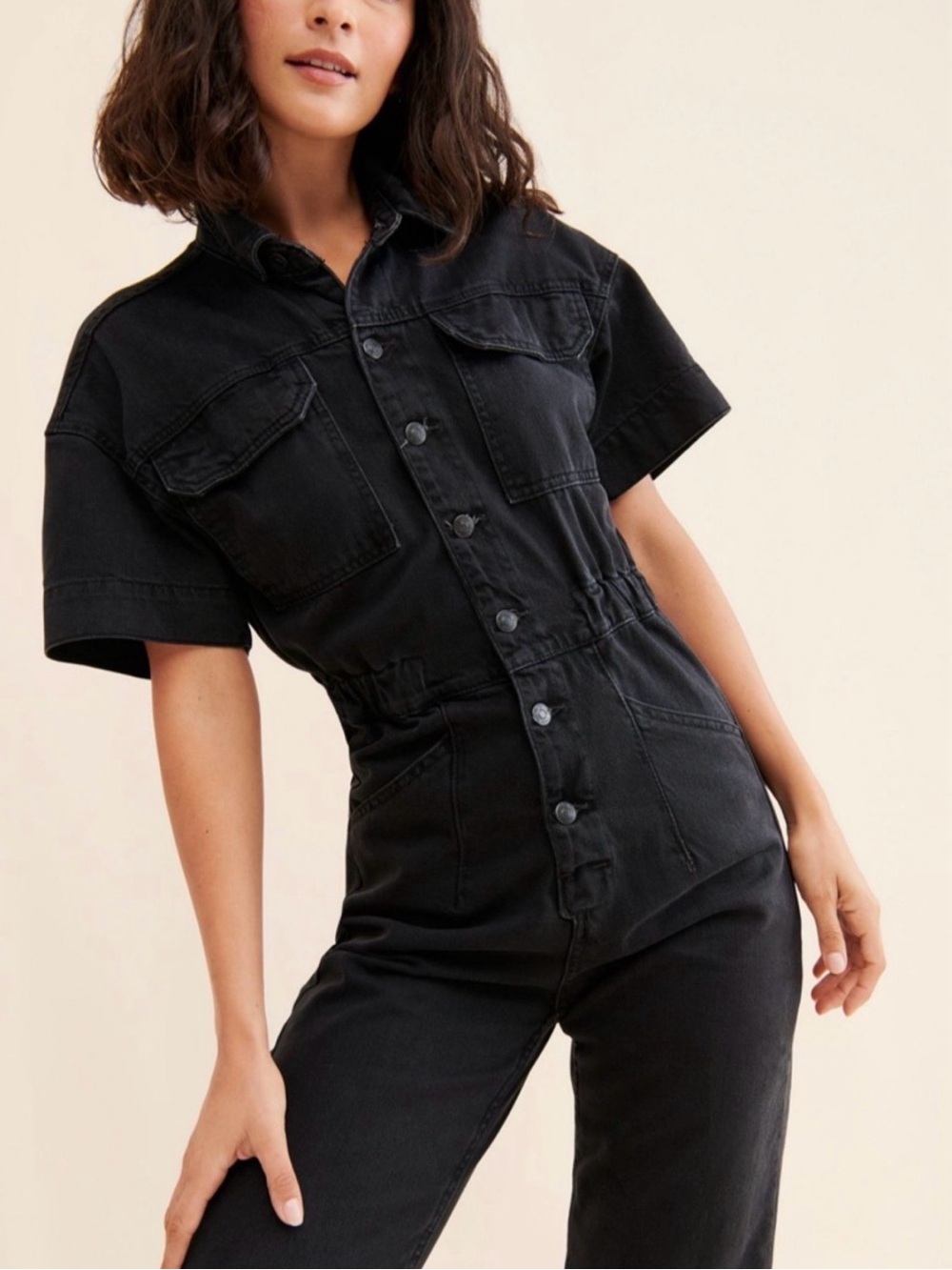 Free People Black Short-Sleeve Button-Front Denim Jumpsuit